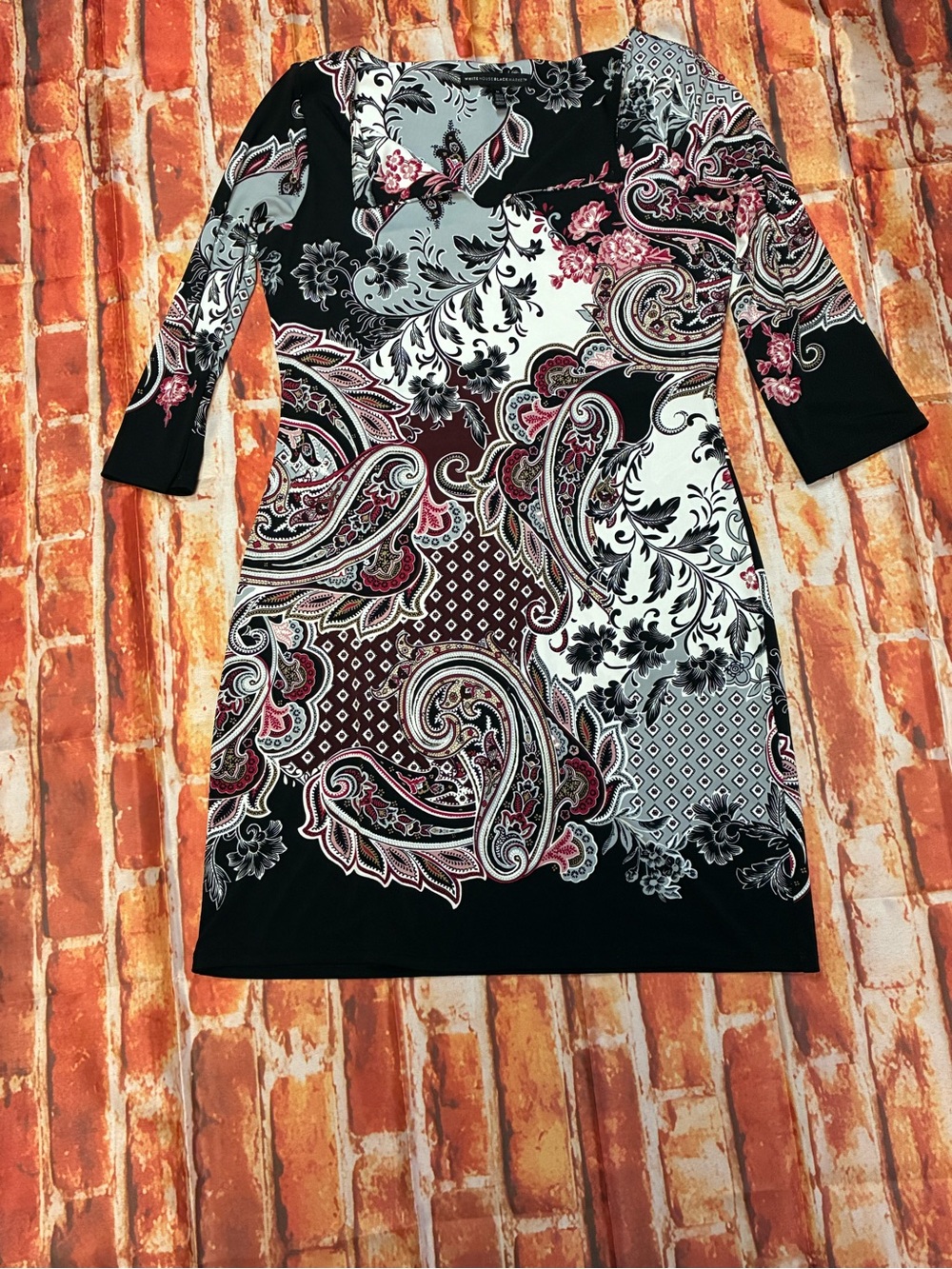 White House Black Market Black, White & Pink Paisley Sheath Dress M
